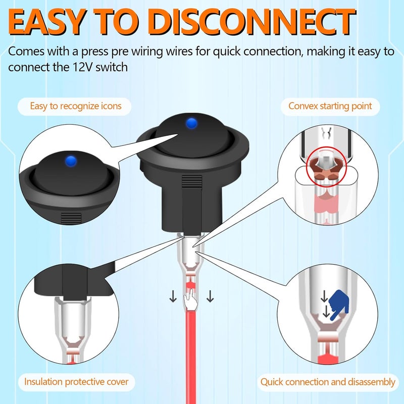 SDAQGE 12 Volt Round Rocker Switch,6Pcs LED Round Toggle Switch with Link Line 3Pin Snap-in Design Wires Pre-Wired DC 20A 12V for Car Truck Marine Boat Rv Vehicle 6PCS - Image 4